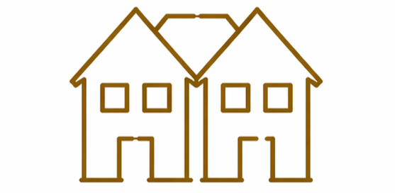 Line drawing of two connected houses with gabled roofs and four windows on each house.