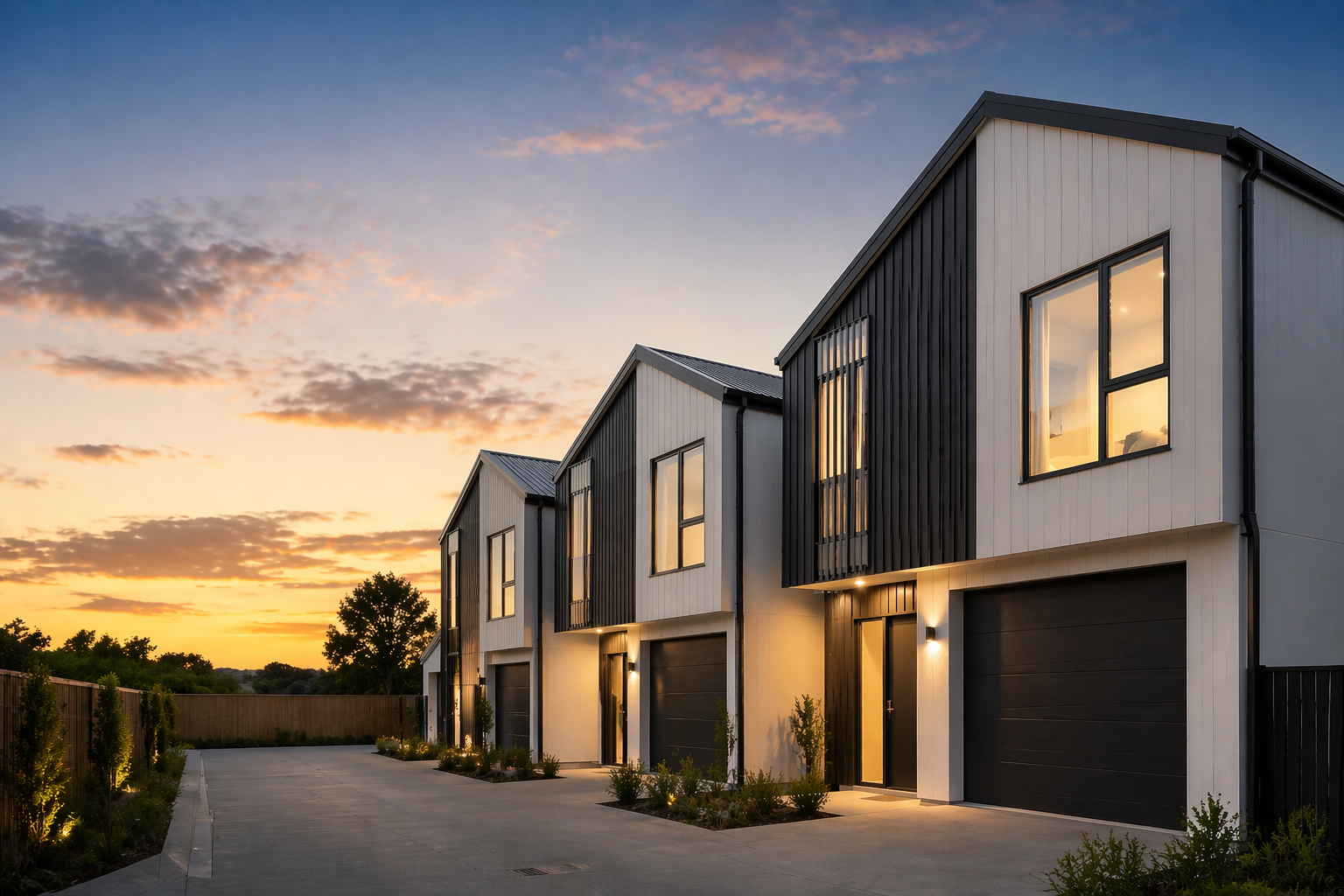 Modern row of houses with black and white exterior, large windows, driveway, and landscaped surroundings at sunset.