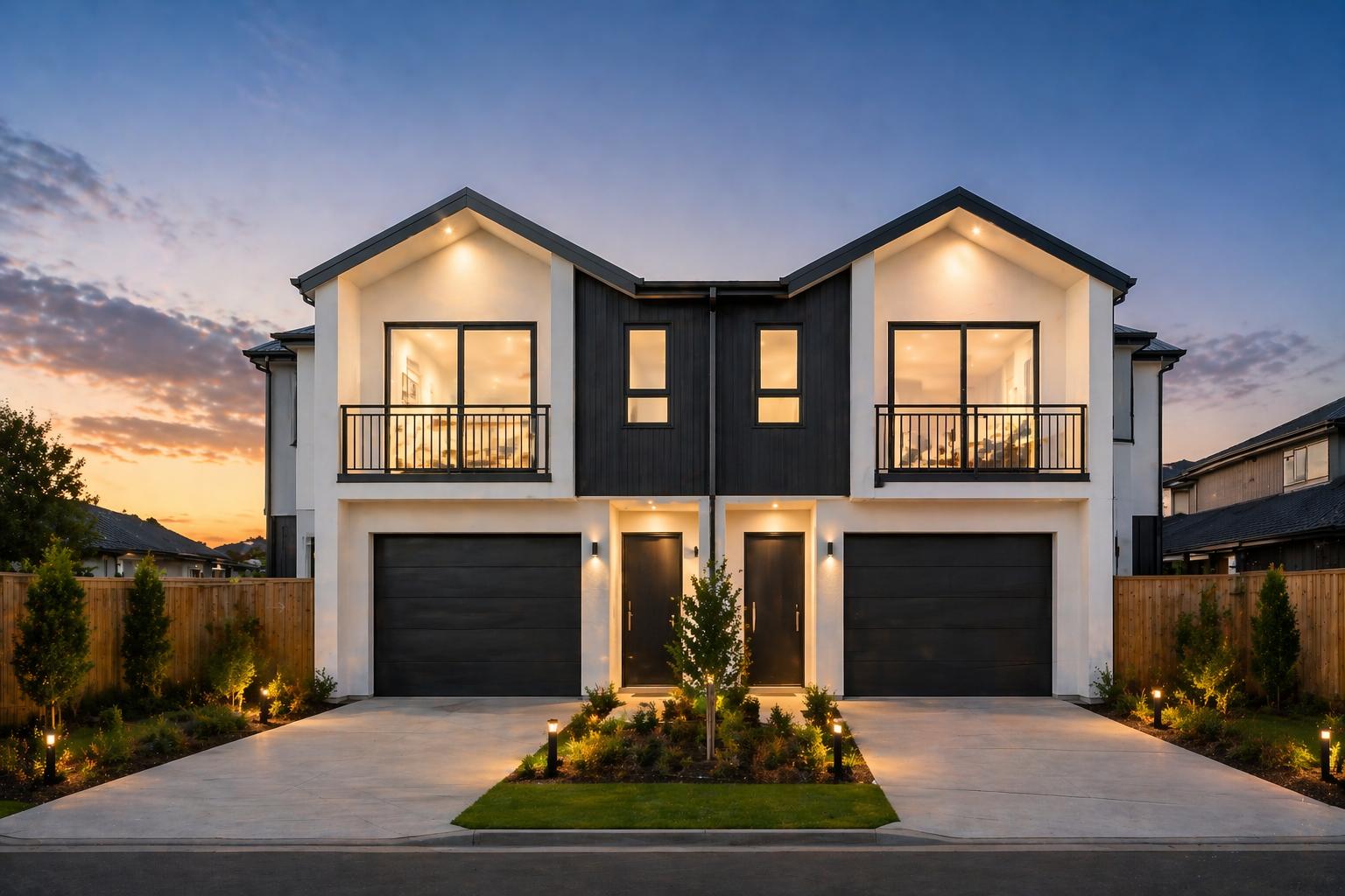 Modern two-story duplex with black and white exterior, front yard with small landscaped garden, and warm interior lighting visible through large windows at sunset.