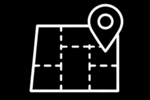 A white map with dashed grid lines and a location pin icon on a black background.