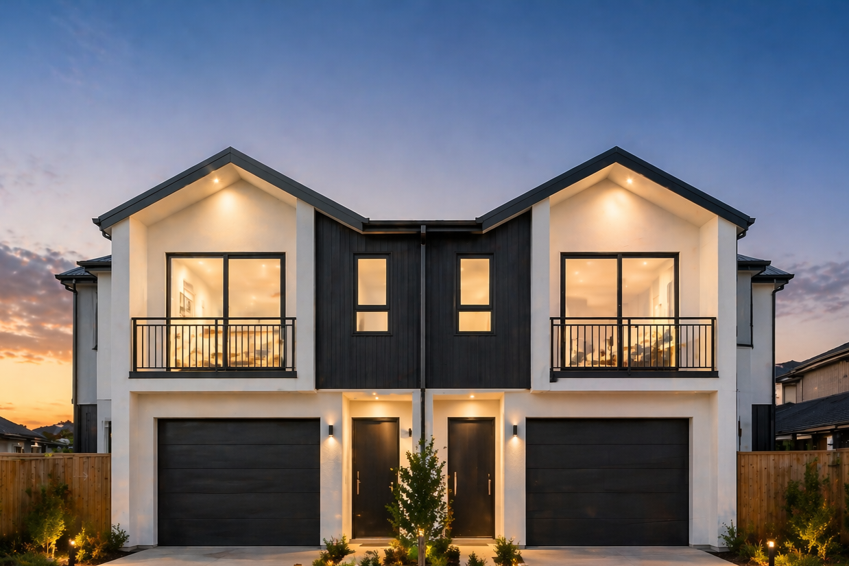 Modern duplex house with two garages, black doors, white exterior walls, black accents, balconies with railing, and illuminated front landscape at sunset.