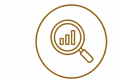 An icon of a magnifying glass with a bar chart inside it.