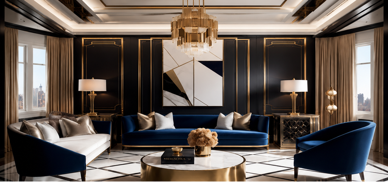 Luxurious living room with black walls, gold accents, navy blue and white furniture, modern art on the wall, and large windows with drapes.