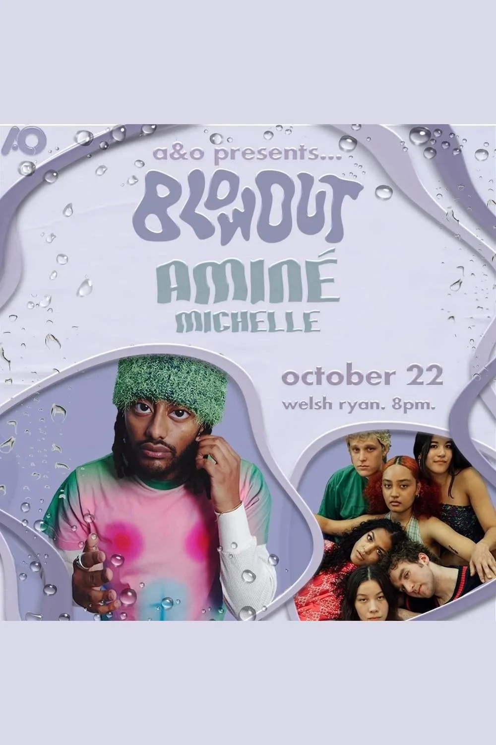 Event poster for 'Blowout' featuring a group of diverse young people and a man with green hair and colorful tie-dye shirt, scheduled for October 22 at Welsh Ryan, 8 pm.