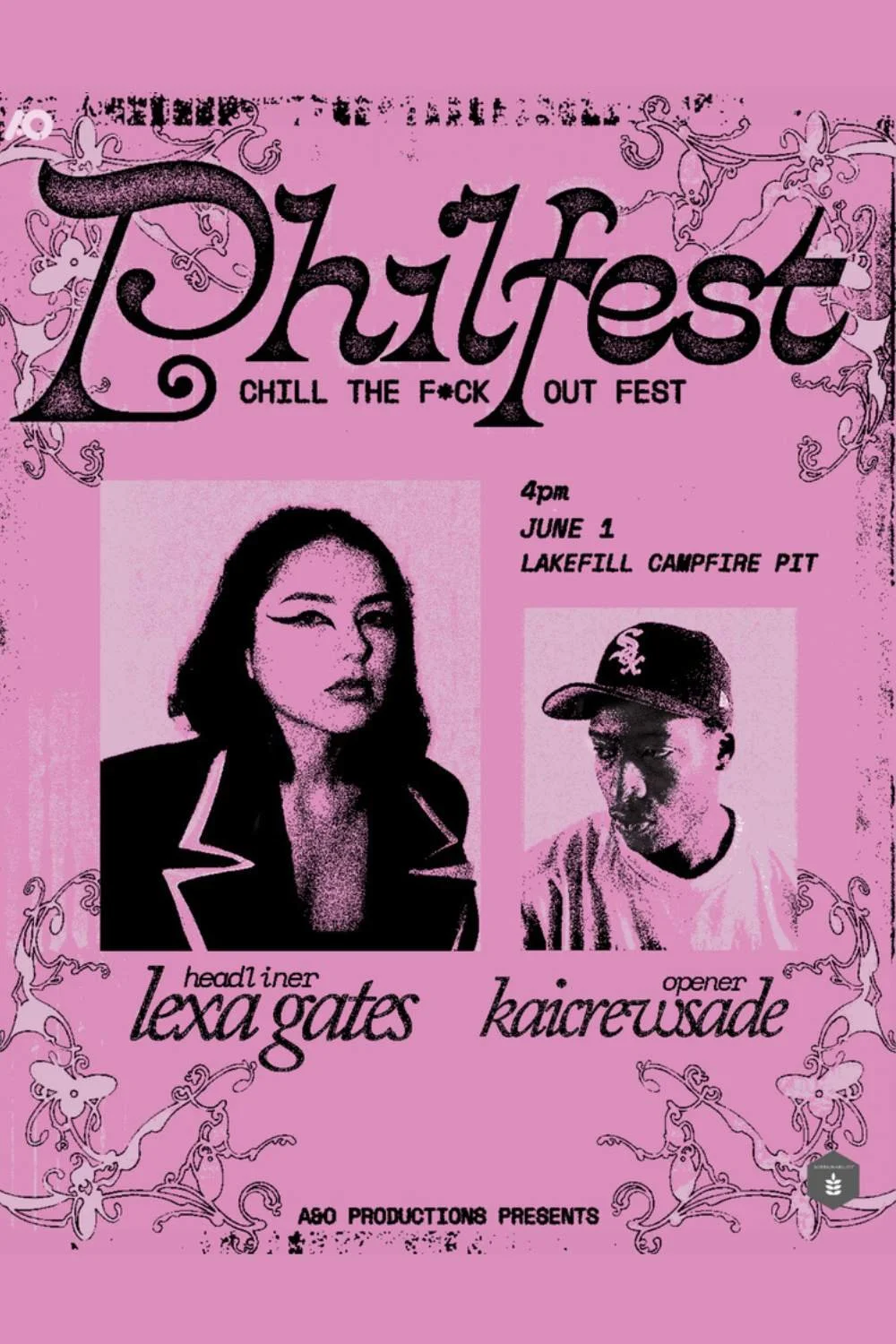 Pink promotional poster for the event 'Chill Fest,' featuring black silhouettes of a woman with the name Lexa Gatas and a man with the name Kaicrewside, scheduled for June 1 at Lakefill Campfire Pit at 4 pm.