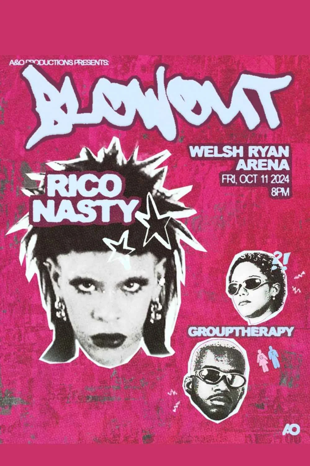 Poster for a music event featuring Bloumot, Rico Nasty, Welsh Ryan Arena, and Group Therapy on October 11, 2024, at 8 PM, with black-and-white stylistic images of performers on a pink background.