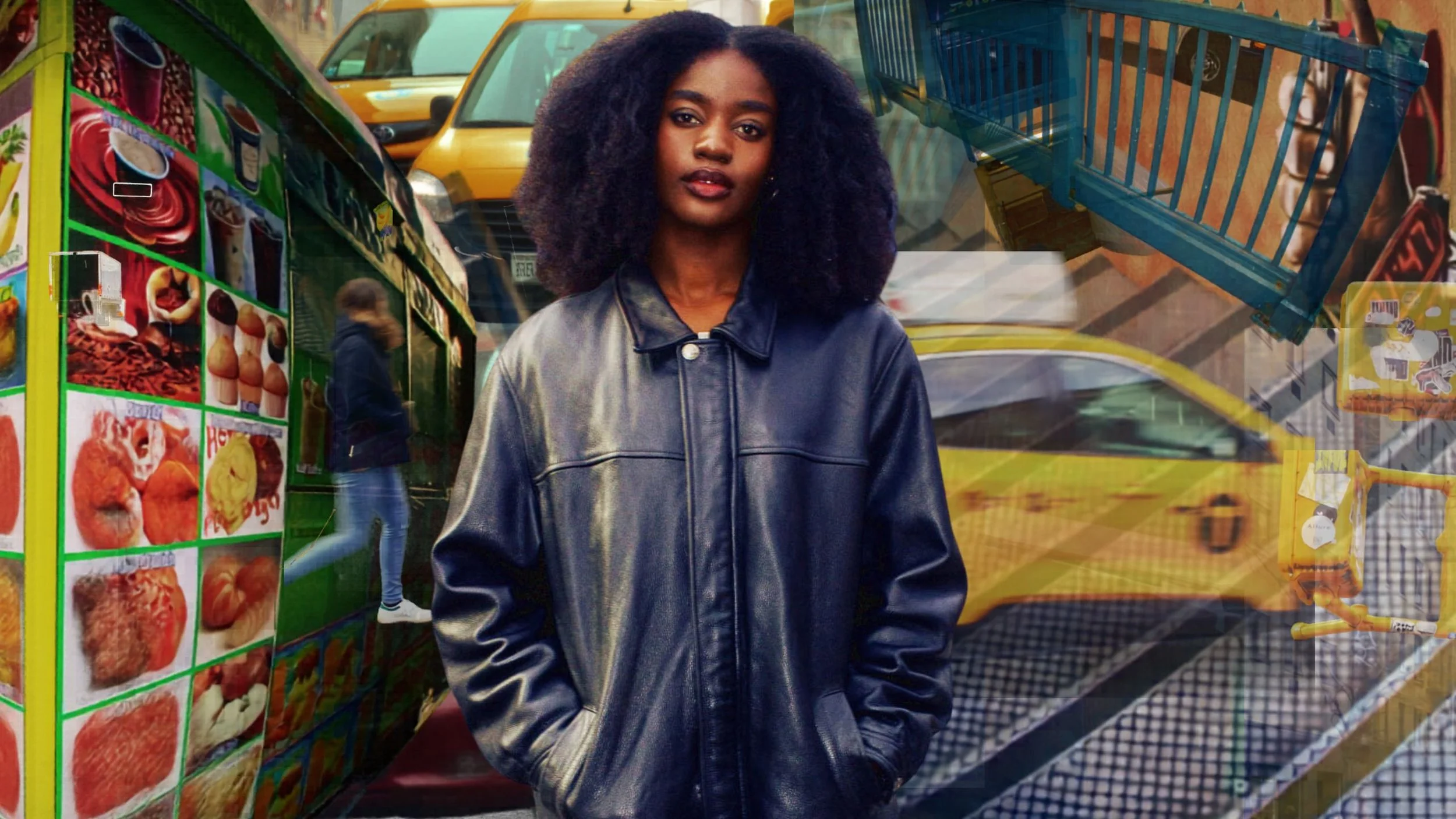 A young woman with curly dark hair and a leather jacket standing in front of colorful street market stalls, with yellow taxis and a person walking in the background.