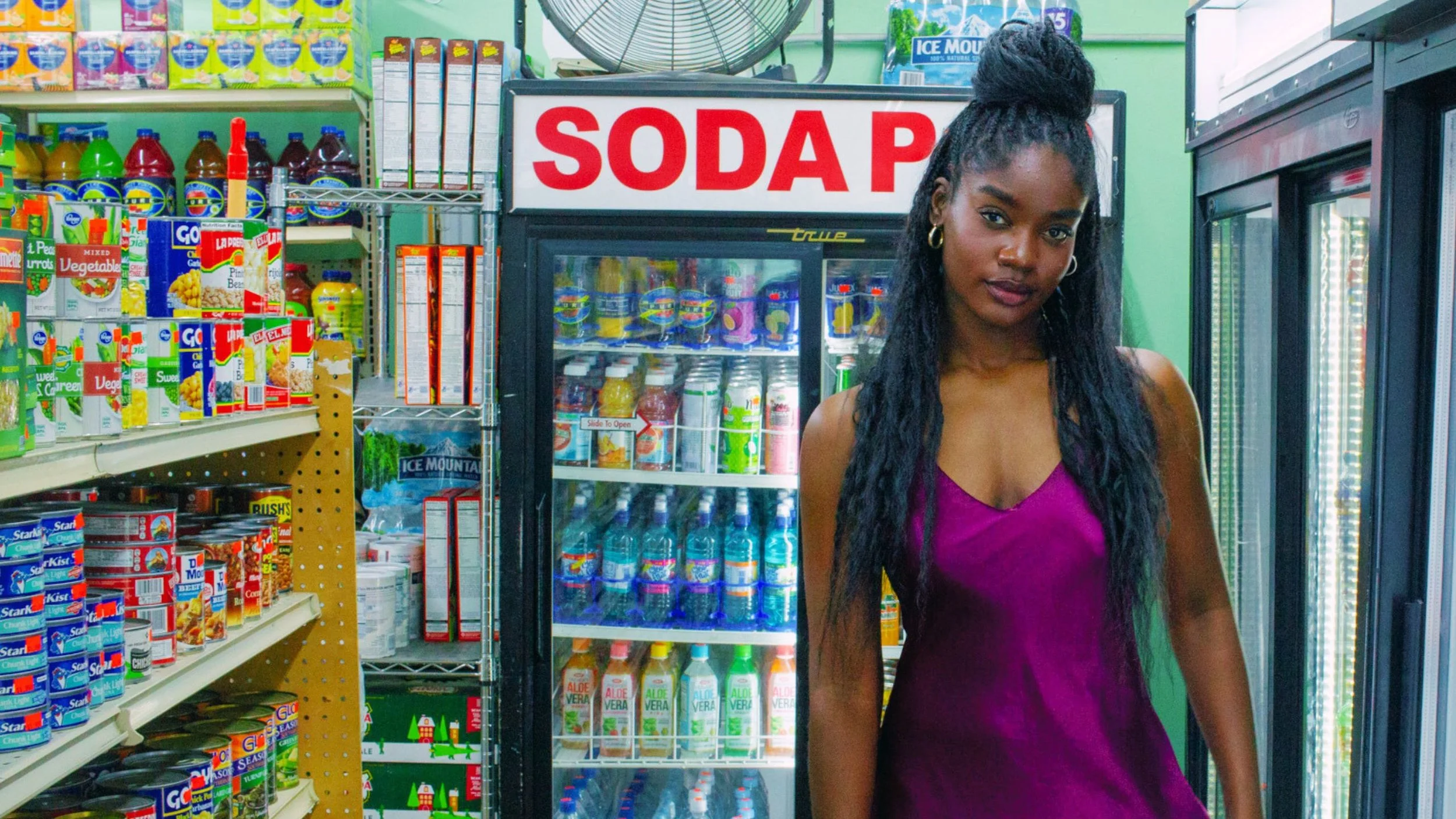 A young woman with long braided hair in a bun, wearing earrings and a purple dress, standing in front of a display case labeled 'SODA' inside a grocery store, with shelves of canned goods and beverage bottles around her.