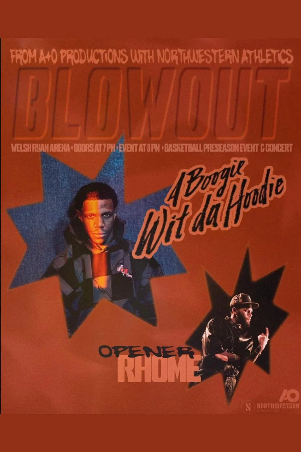 Poster for a concert featuring A Boogie Wit da Hoodie at the Welsh Iranian Arena, with information about the event date and time, and two images of performers on a star-shaped background.