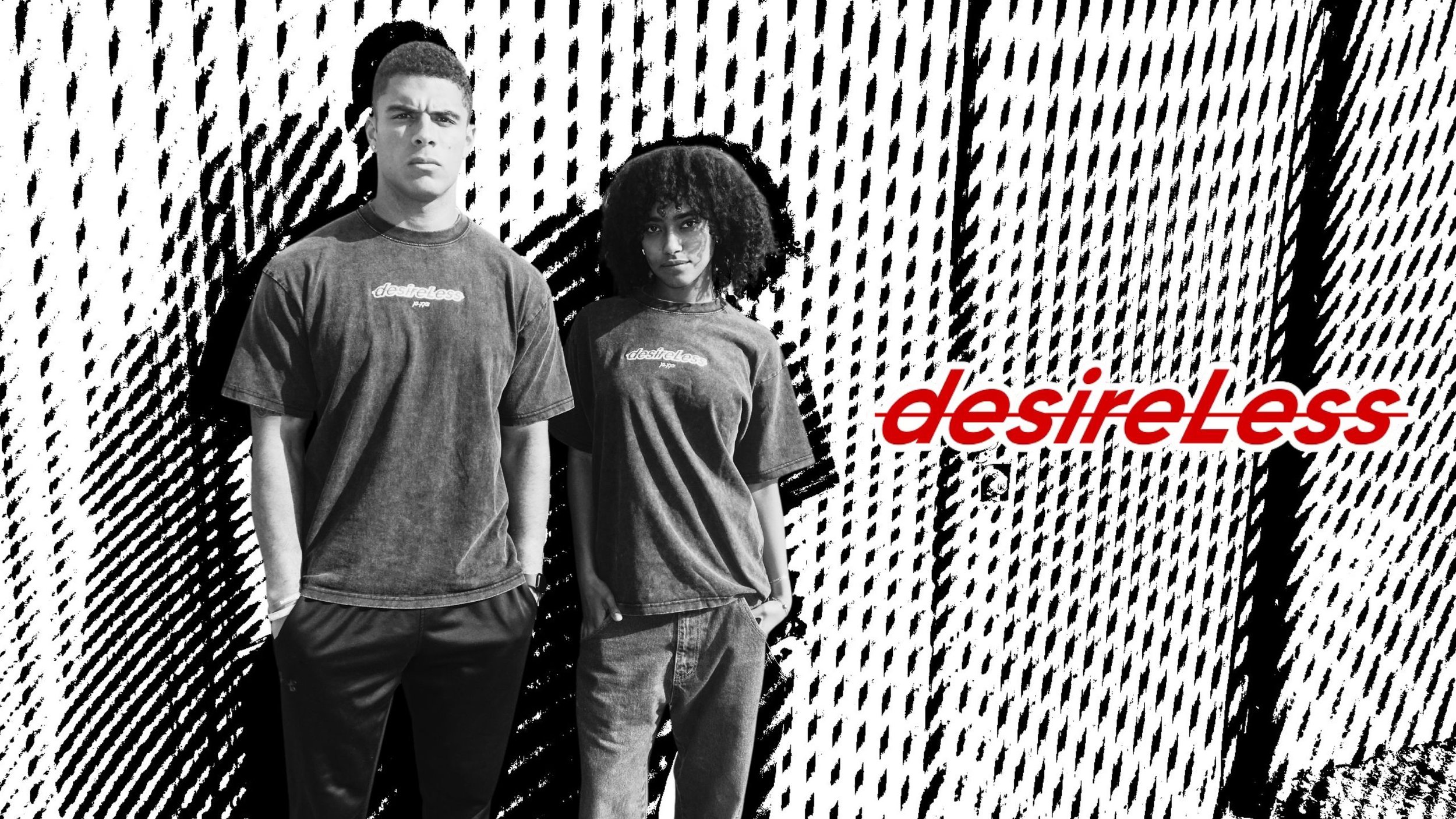 Two young adults, a man and a woman, stand in front of a graffiti wall with a dotted pattern. Both wear casual T-shirts, and the word "desteless" is visible on them. The word "desteless" appears in bold red text on the image.