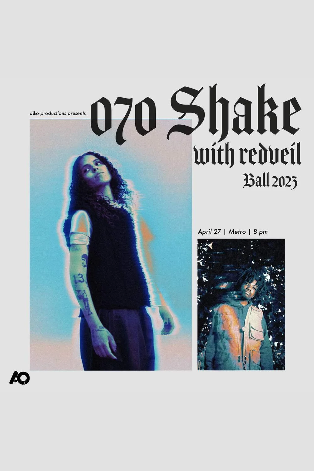 Event poster for 'O70 Shake with Revolt' Ball 2023, featuring two photos of performers, date April 27, time 8 pm, location Metro, and a small logo at the bottom left corner.