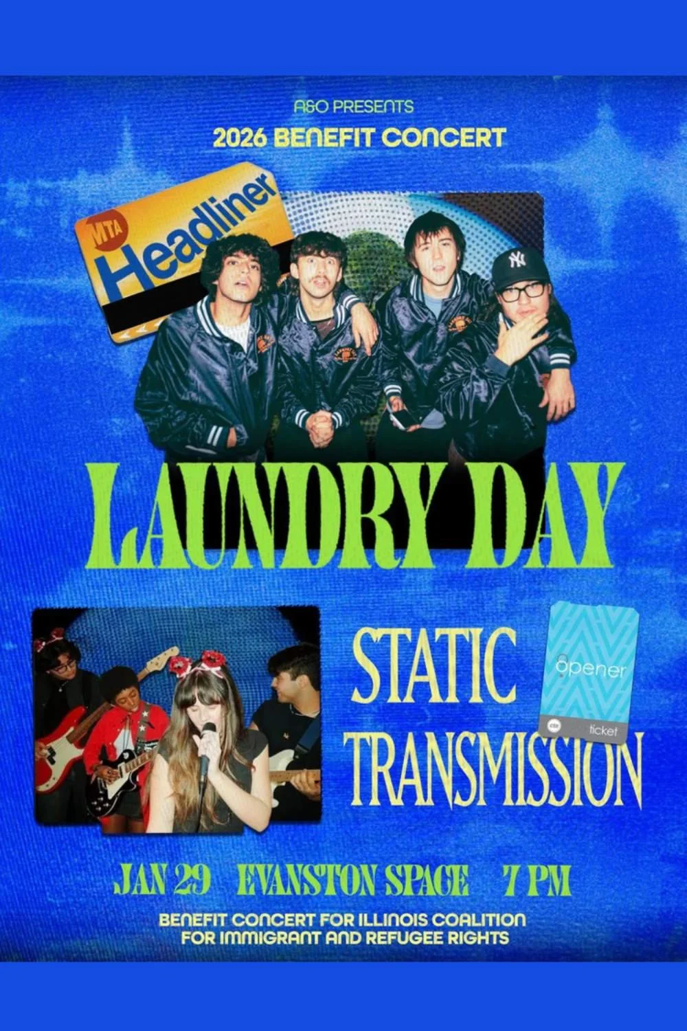 Concert poster for Laundry Day, Static, and Transmission on January 29 at Evanston Space at 7 PM, benefiting Illinois Coalition for Immigrant and Refugee Rights. Features photos of the band members and a woman singing with a band.