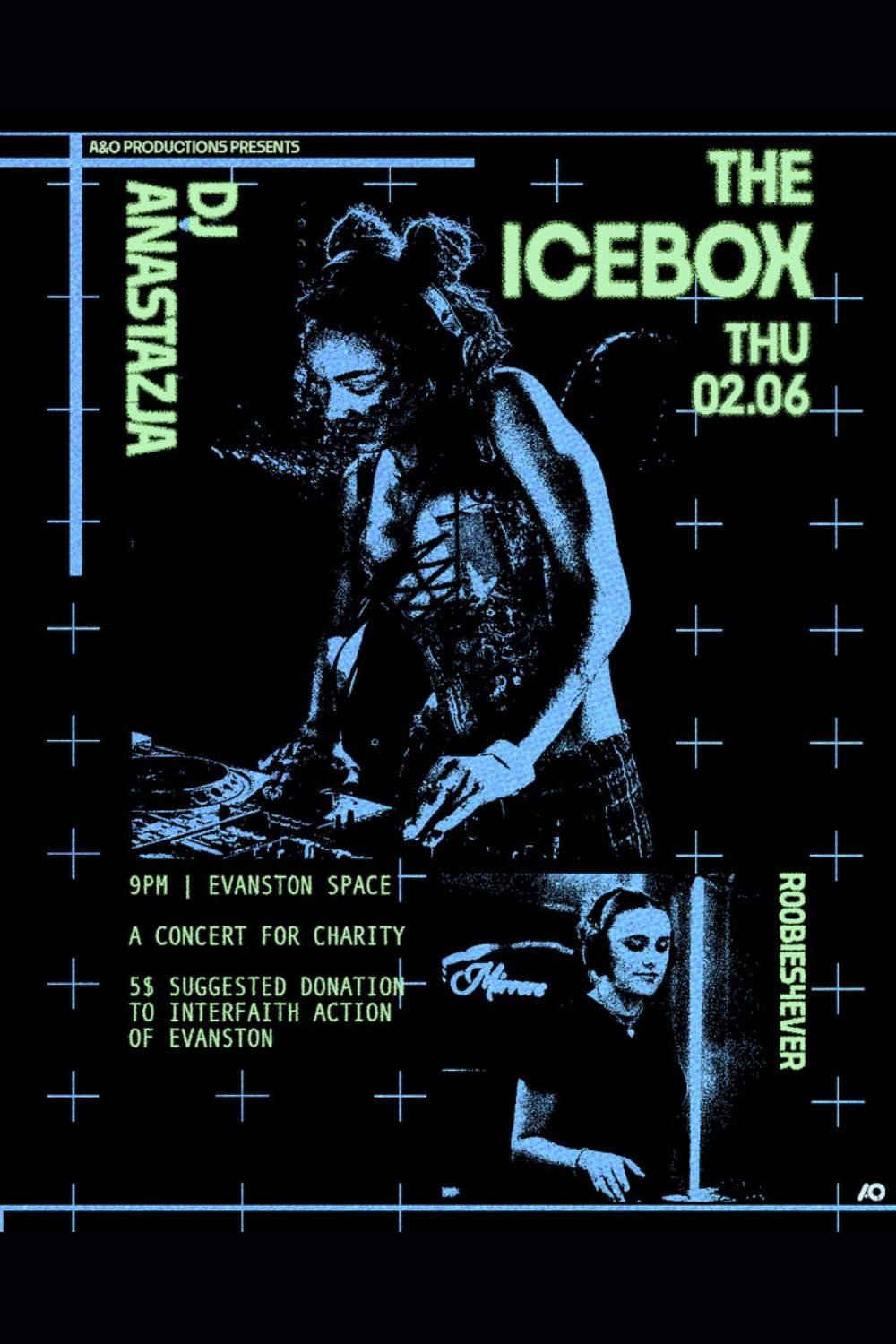 Event poster for a concert featuring The Icebox and DJ Anastazia on Thursday, February 6th, 2023, at Evanston Space at 9 PM, with a suggested donation of five dollars for charity to support Interfaith Action of Evanston. The poster includes images of a woman DJ and a woman singing or speaking into a microphone, with a futuristic, digital aesthetic.