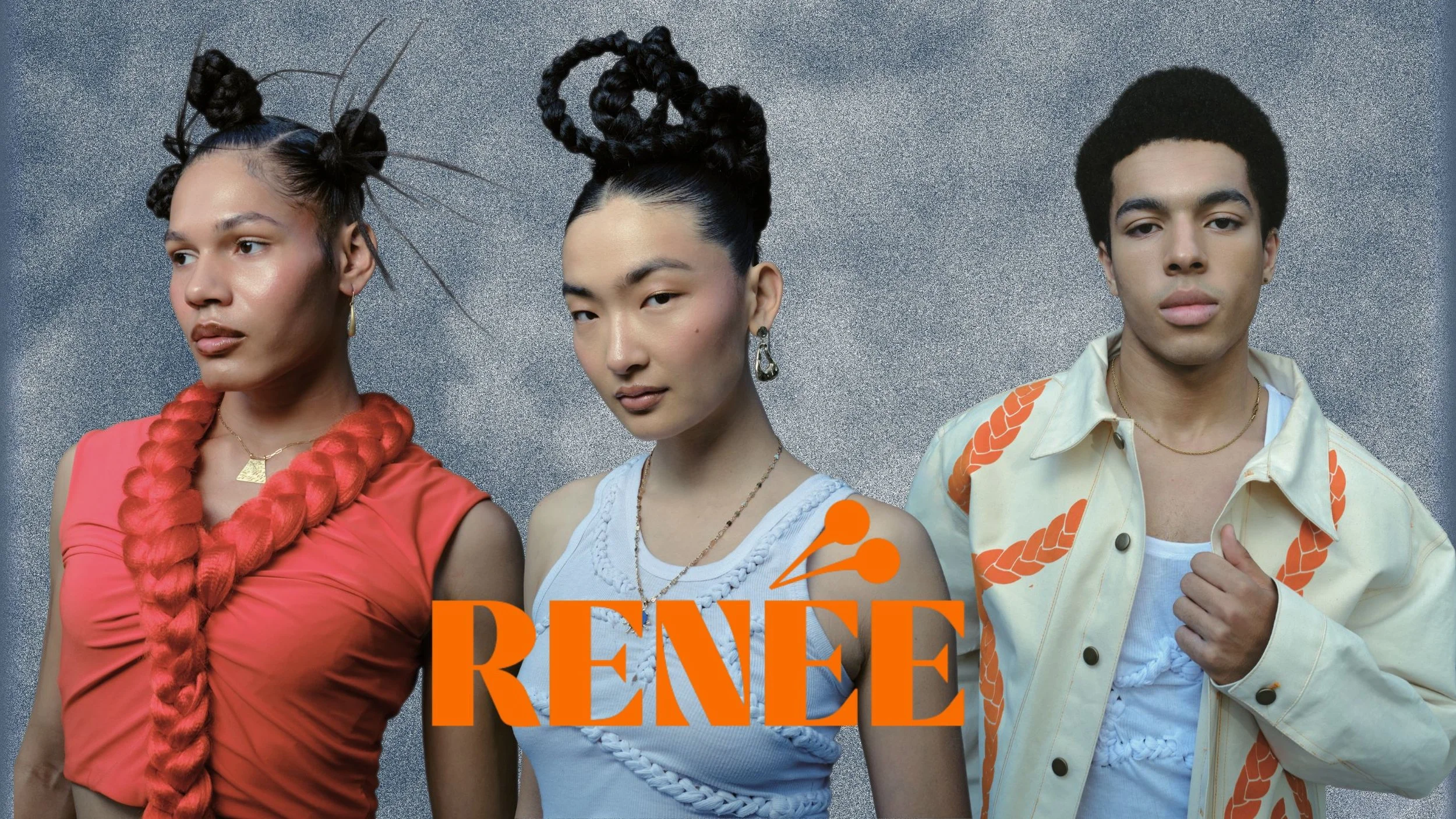 Three young adults standing side by side against a gray background, wearing colorful outfits with bold hair and accessories.