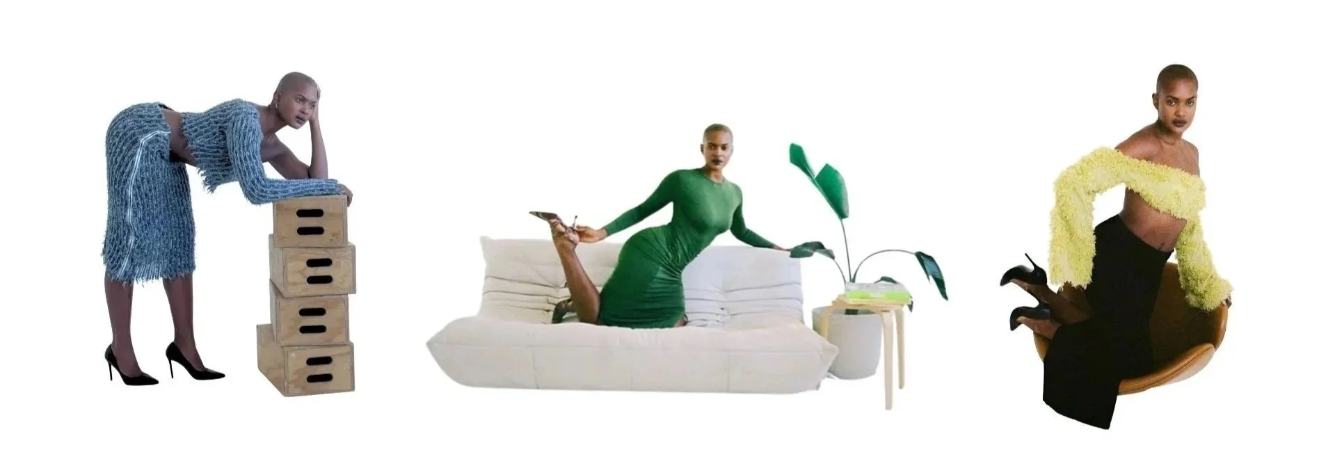 Three women in fashionable outfits posing on and around furniture, with a white background.