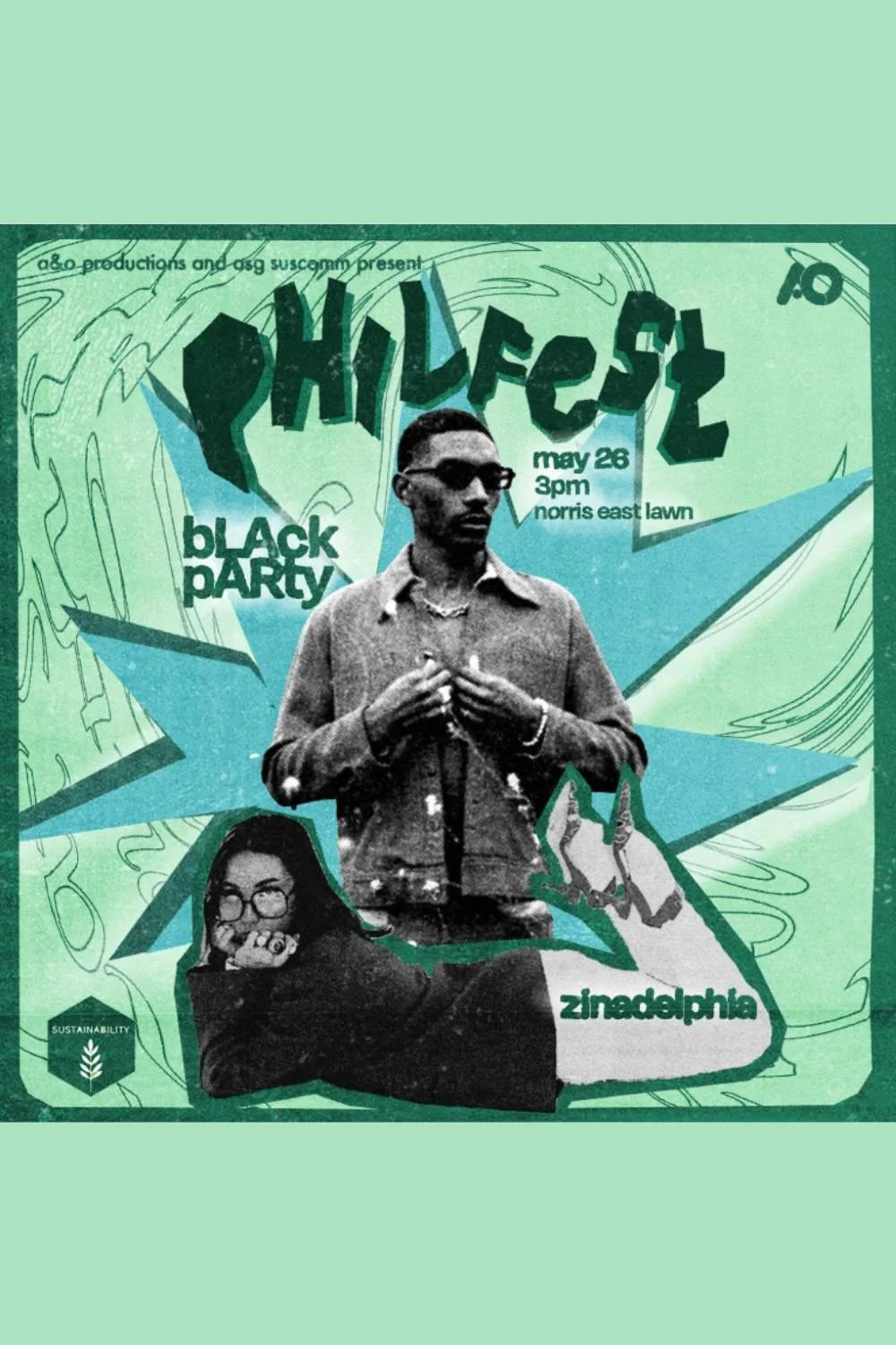 Event poster for a festival called 'PHILFEST' featuring a black-and-white photo of a man and a woman, with details about the event date, location, and indicating a black party. The background has a green and blue abstract design, and the event is scheduled for May 26 at 3pm at Norris East Lawn.