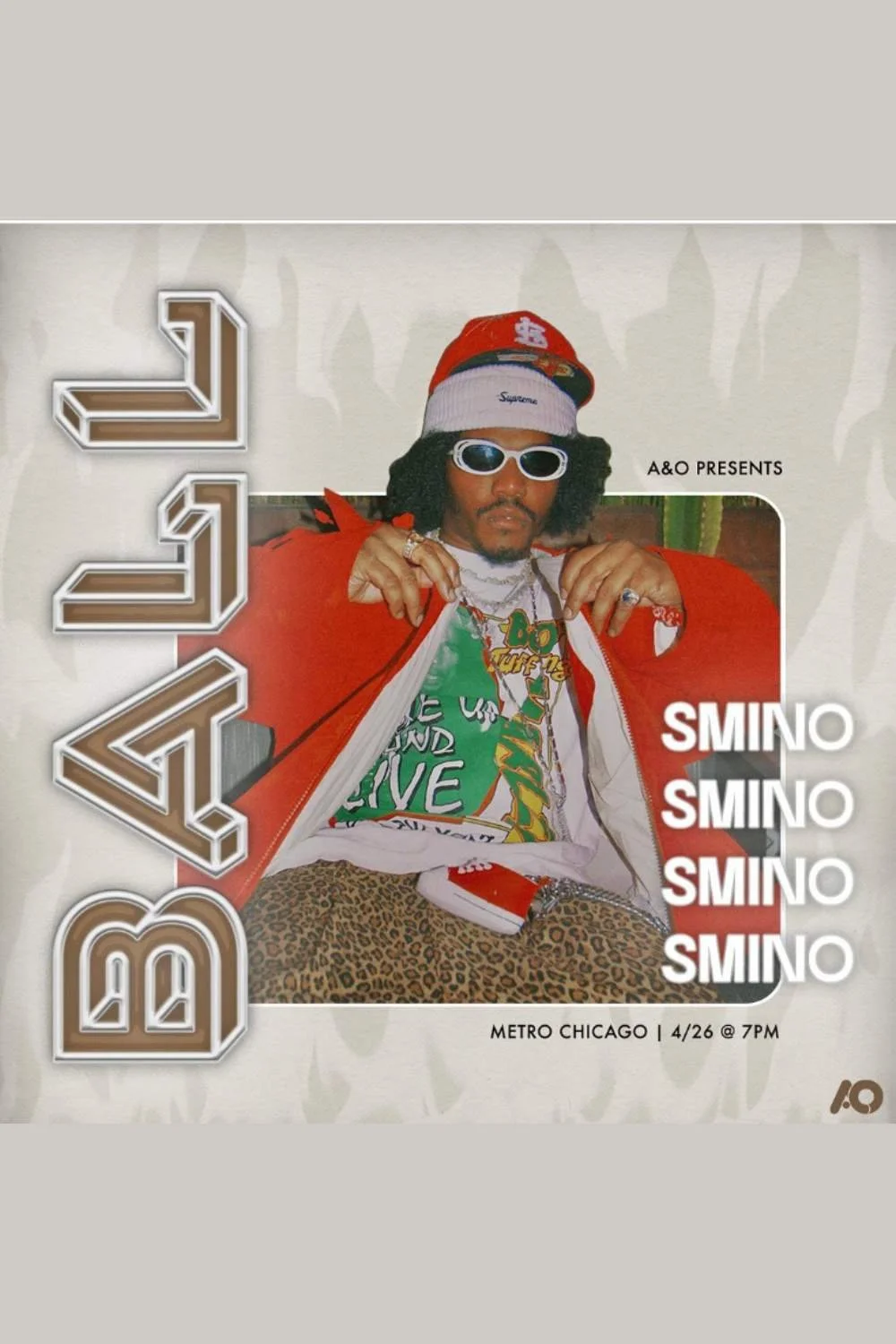 An advertisement poster featuring a man wearing colorful clothing, sunglasses, and jewelry, with text indicating a date and location for an event in Chicago.