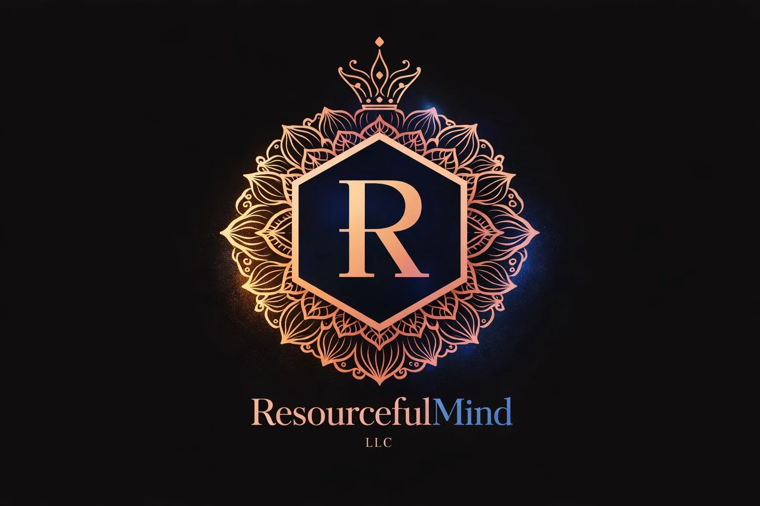 Logo for Resourceful Mind LLC featuring a stylized letter R inside a hexagon, surrounded by a floral mandala design with gradient colors, and the company name below.