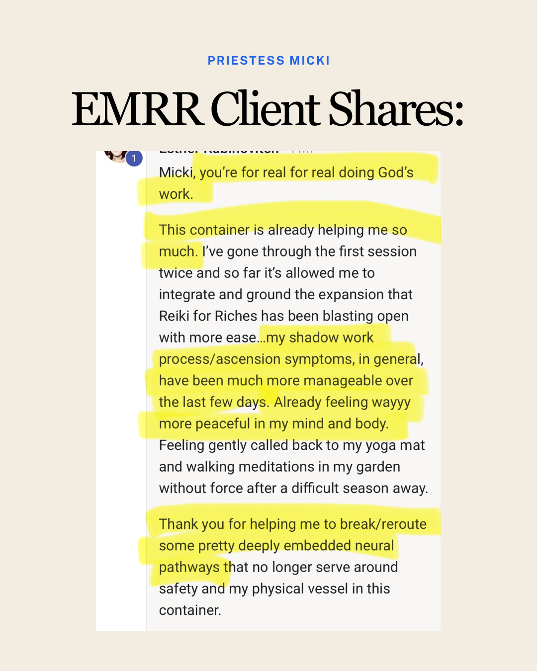 Screenshot of a testimonial from a client to Priester Micki, with highlighted text praising her work on shadow work and neural pathways.
