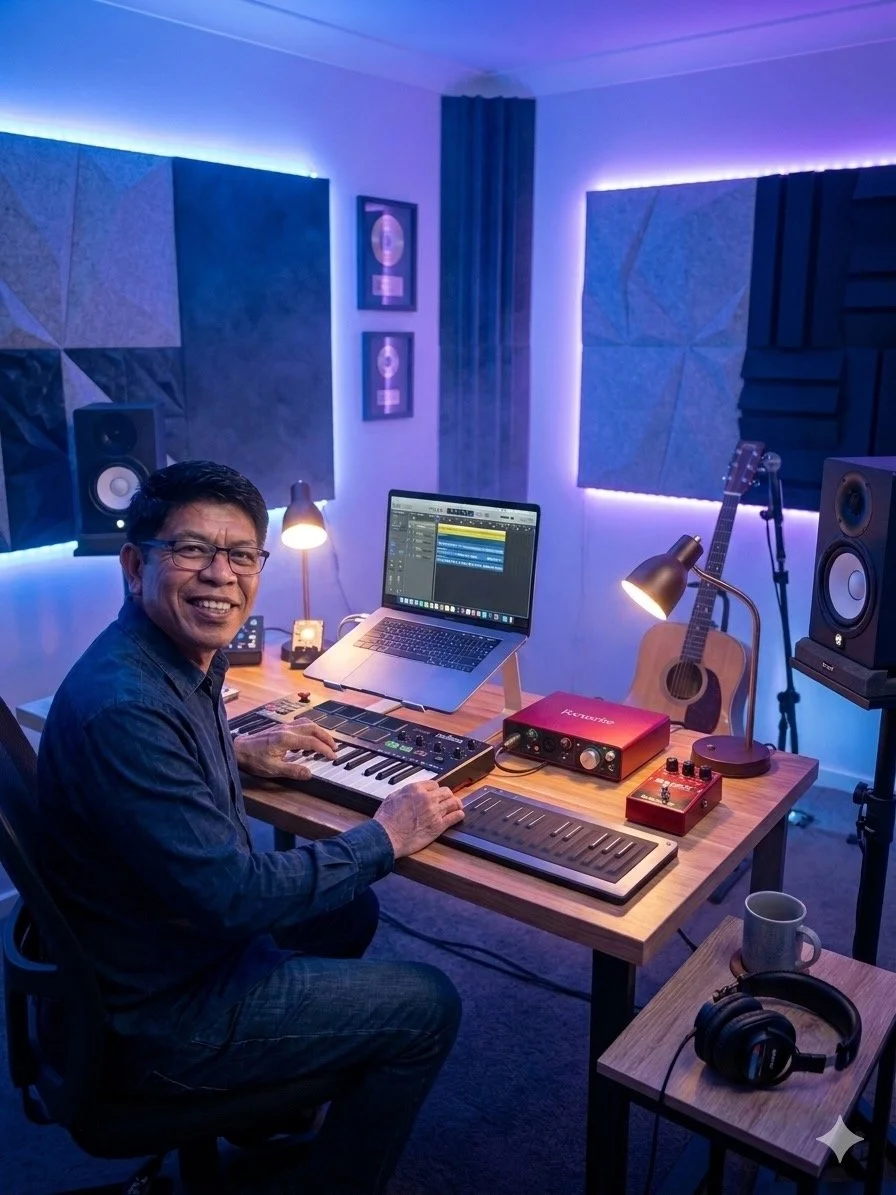 Man in a music studio using electronic music equipment, including a laptop, MIDI keyboard, audio interface, studio monitors, guitar, and headphones.