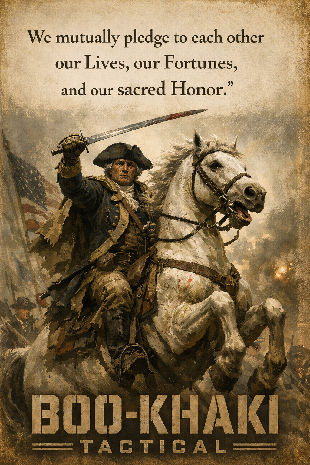 A military character in historical uniform riding a rearing white horse during a battle, holding a sword, with a tattered American flag in the background and a quote about mutual pledge.