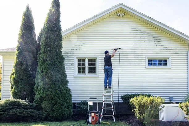 Una persona limpiando las ventanas de una casa blanca de dos pisos con una escalera y herramientas, en un día soleado y con árboles en el jardín.