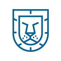 Logo de un león estilizado en color azul y negro.
