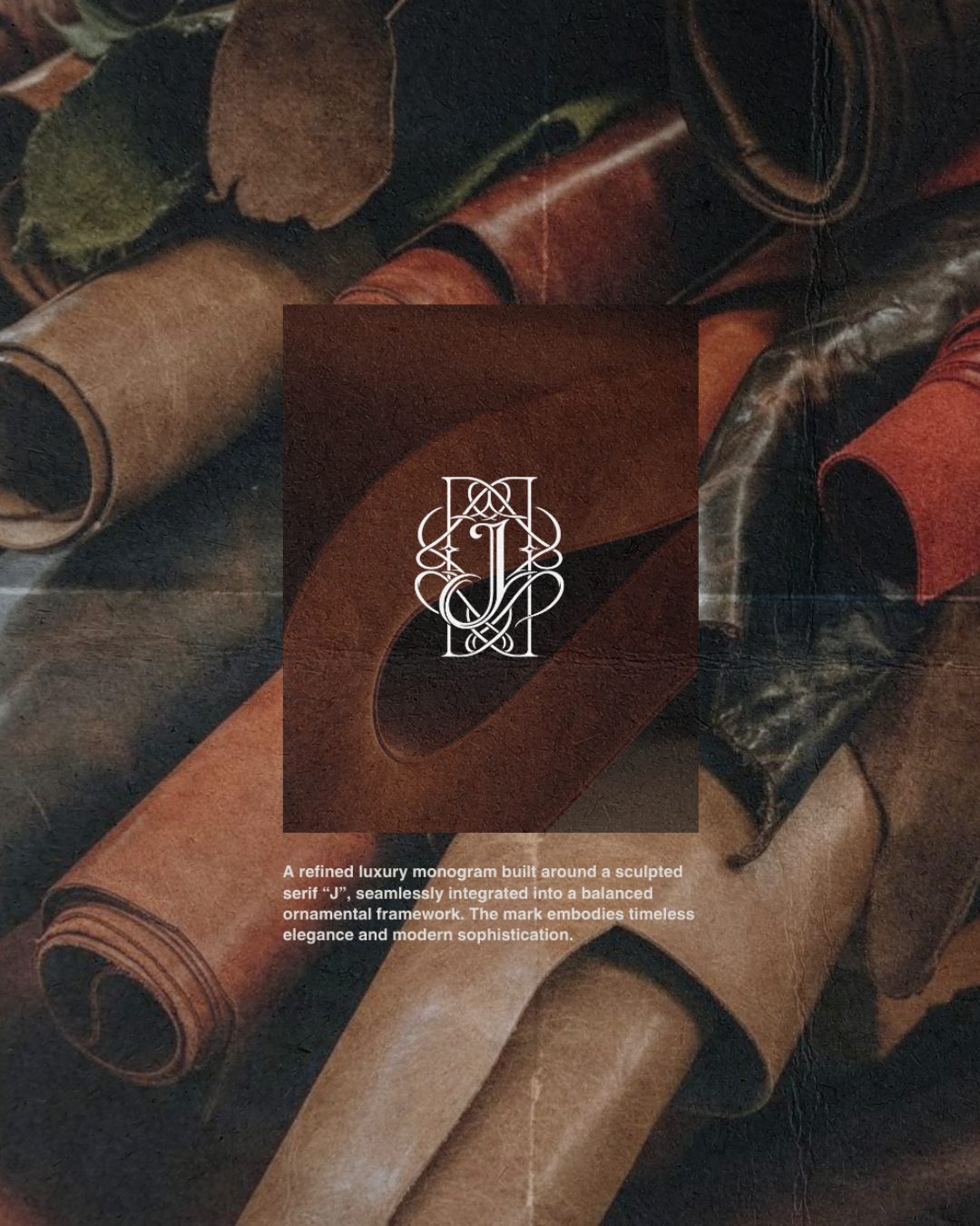 A luxury monogram logo built around a sculpted serif 'J' seen over a background of rolled leather hides in various colors, with a description about timeless elegance and modern sophistication.