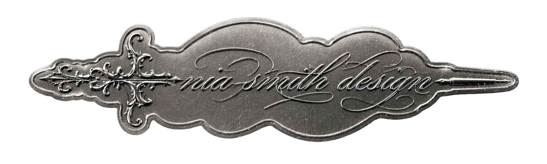 Metallic decorative sign with ornate calligraphy that reads 'nua snath design' and a pointed arrow on the right.