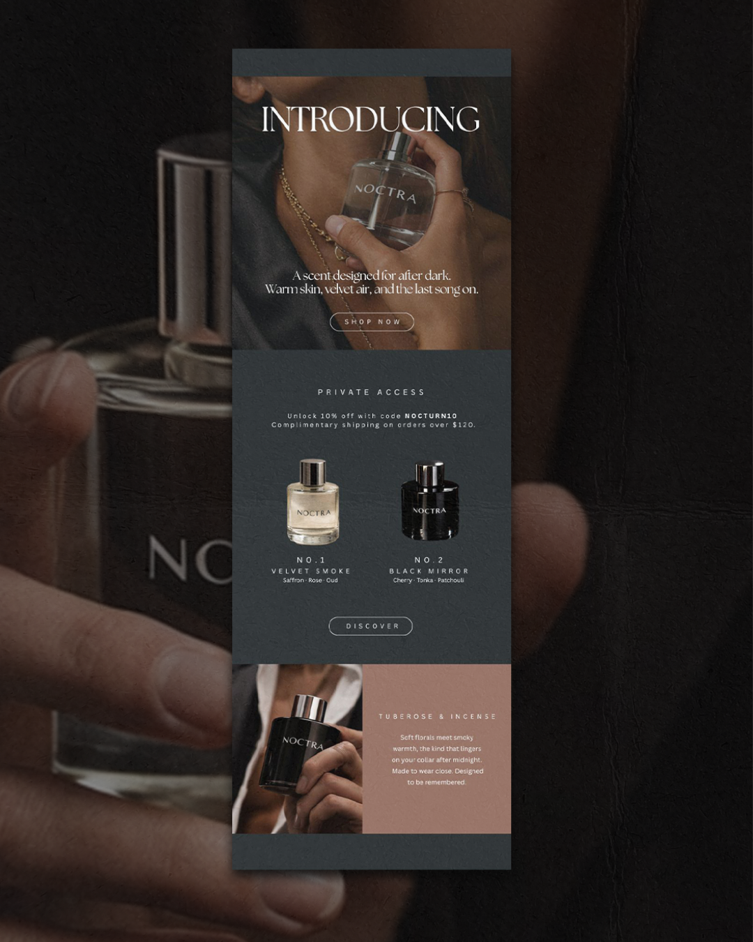An advertisement flyer for Noctra perfume. The flyer features a woman holding a scent bottle at the top, with information about the perfume's features. It offers private access with a discount code, and showcases two other perfume bottles, Velvet Smo