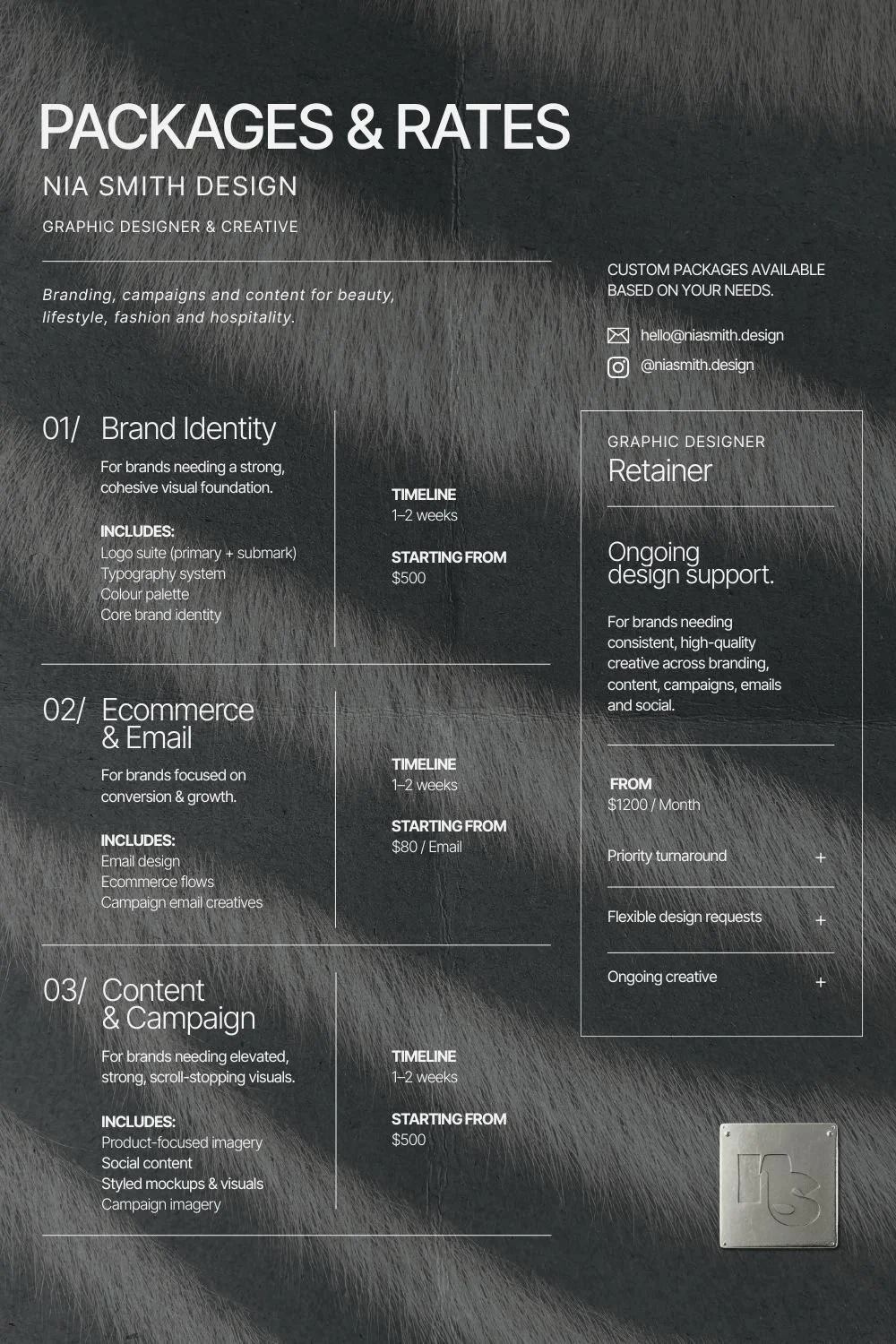 A graphic design service pricing sheet with dark background and white text, outlining packages for brand identity, e-commerce & email, and content & campaign, including details like timelines and starting prices.