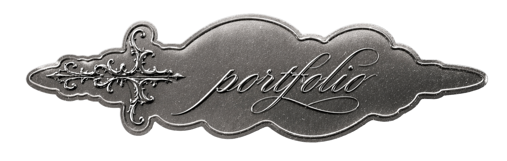 Silver decorative plaque with the word 'portfolio' written in cursive, featuring ornate embellishments on the left side.