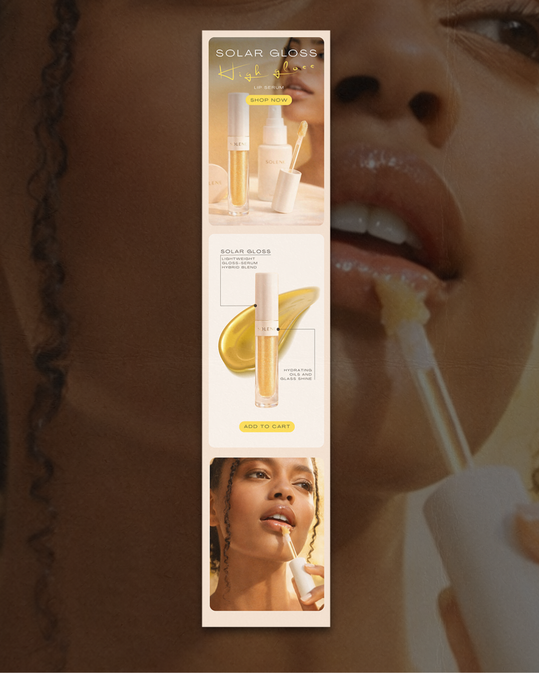 Advertisement for Solene Solar Gloss Lip Serum, featuring images of the product, a woman applying the lip serum, and text highlighting the product's features and a shop now button.