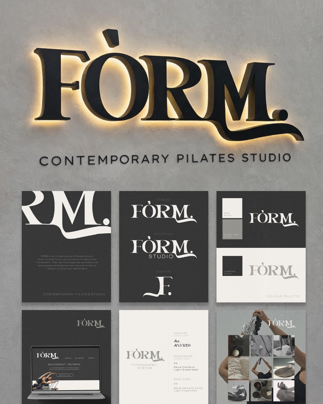 Sign for FORM, a contemporary Pilates studio, with promotional posters and branding materials.