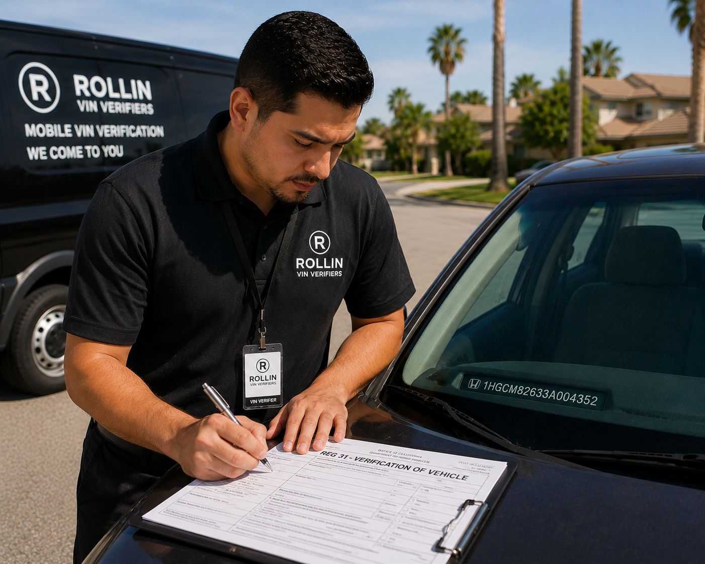 California VIN verifier completing REG 31 paperwork for vehicle registration