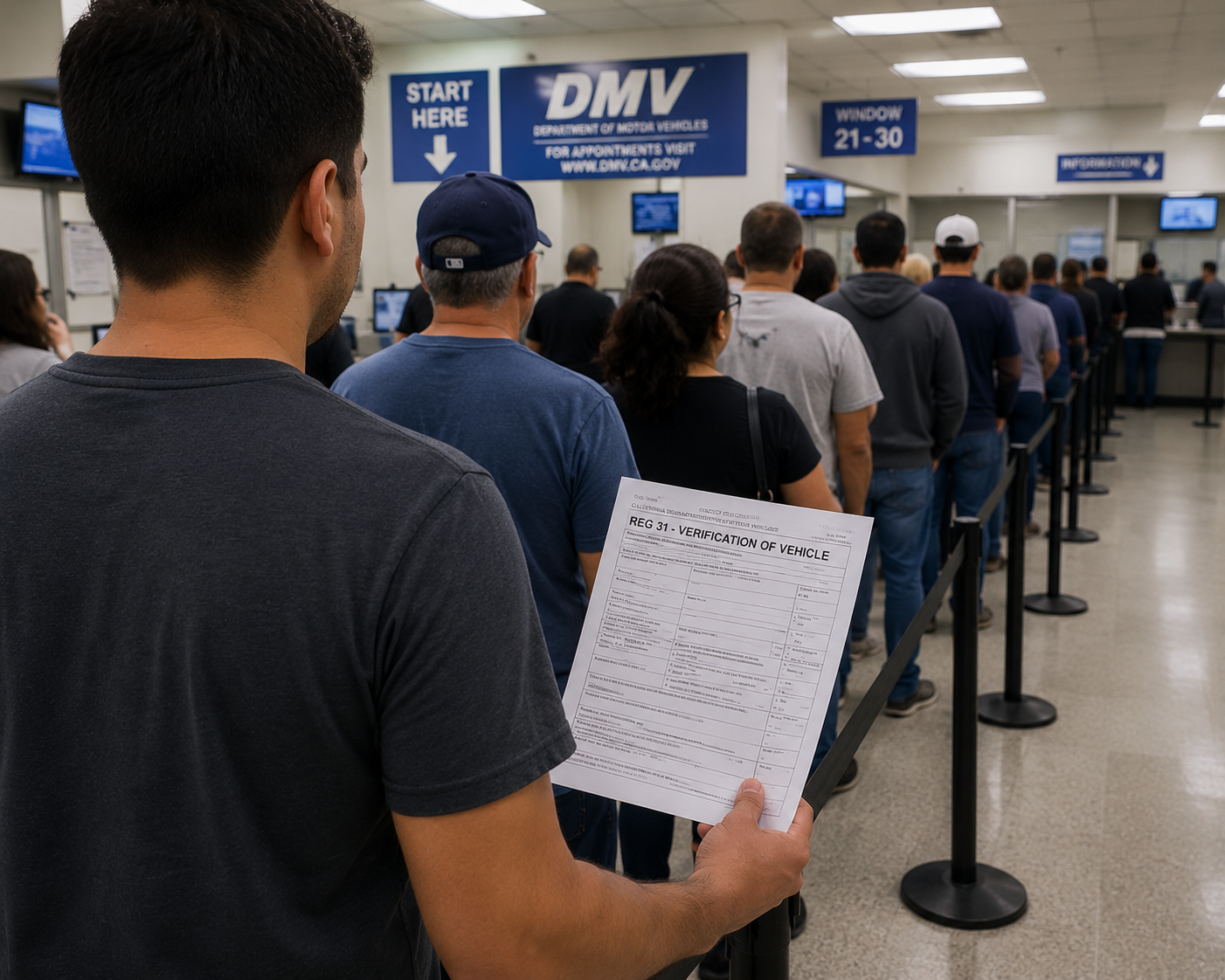 Man standing in a long line at the DMV with a REG 31 VIN Verification form