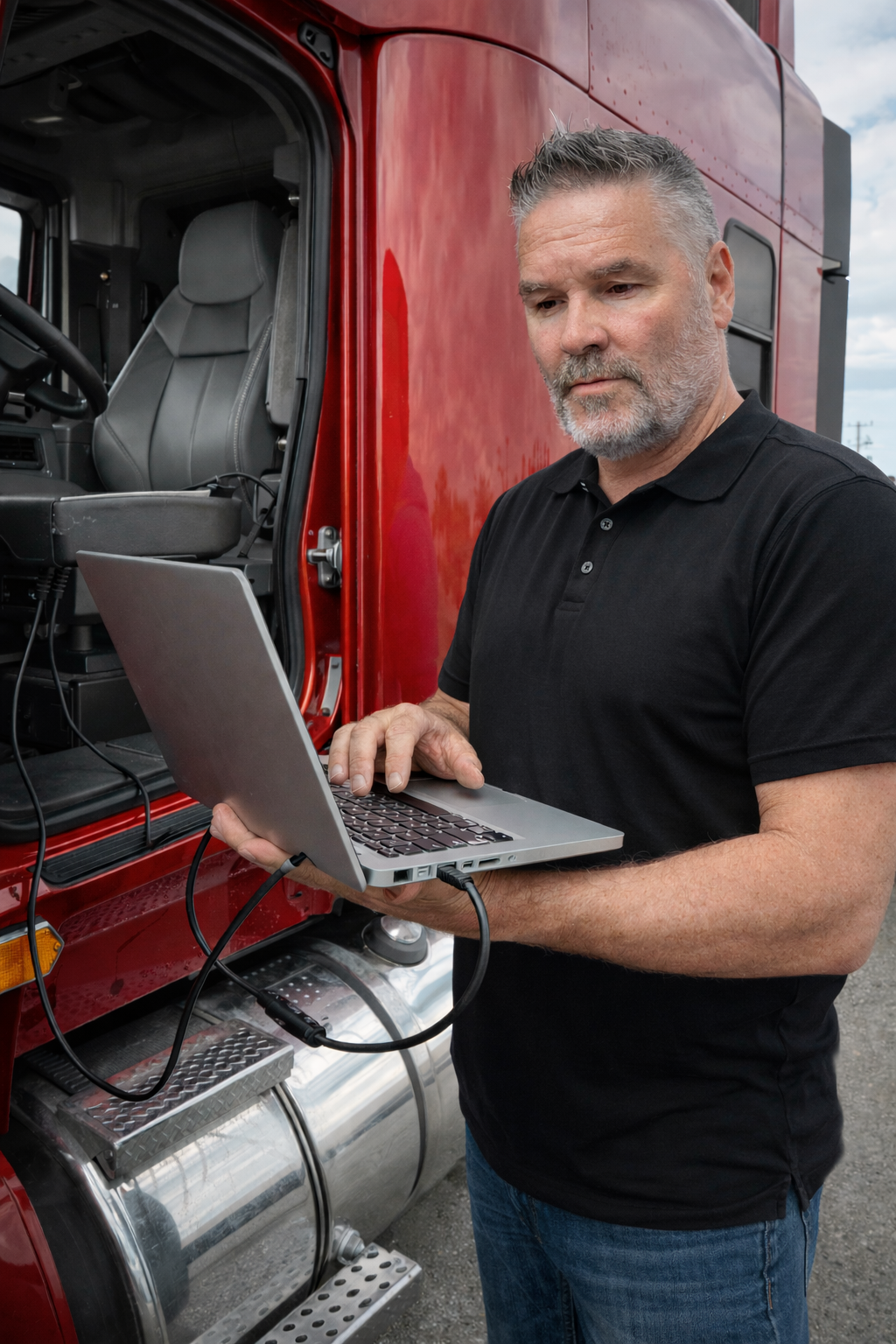 man performing a clean truck check OBD test