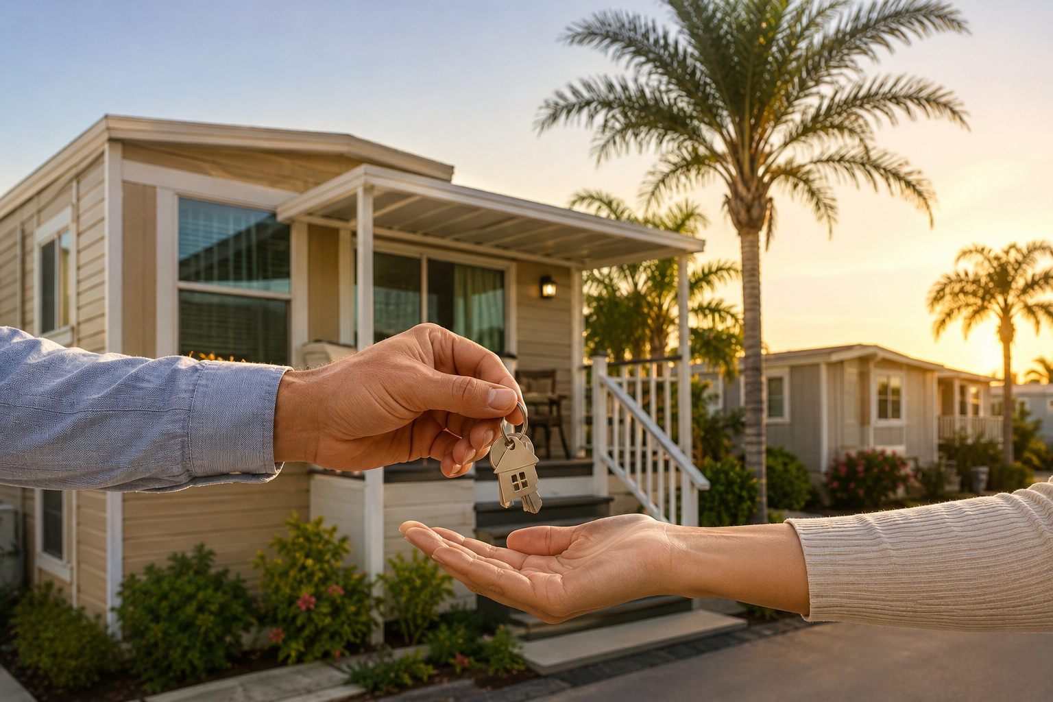 Buyer reviewing California mobilehome title documents with a manufactured home in the background.