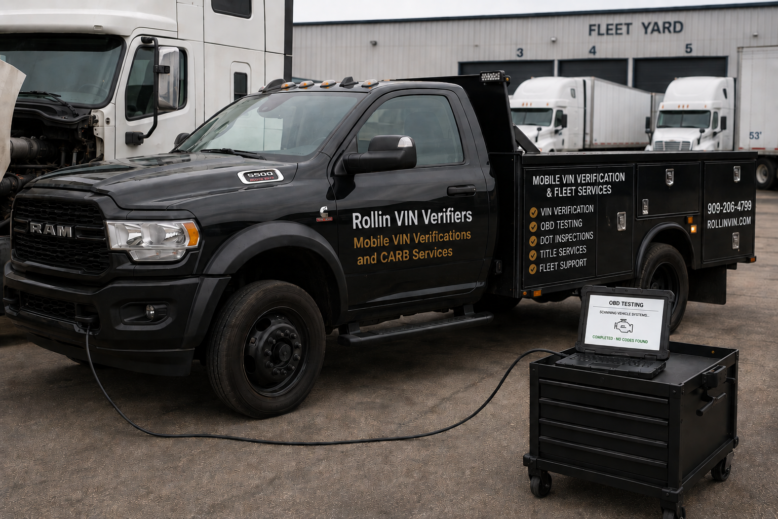 Mobile Clean Truck Check testing service at a California fleet yard.