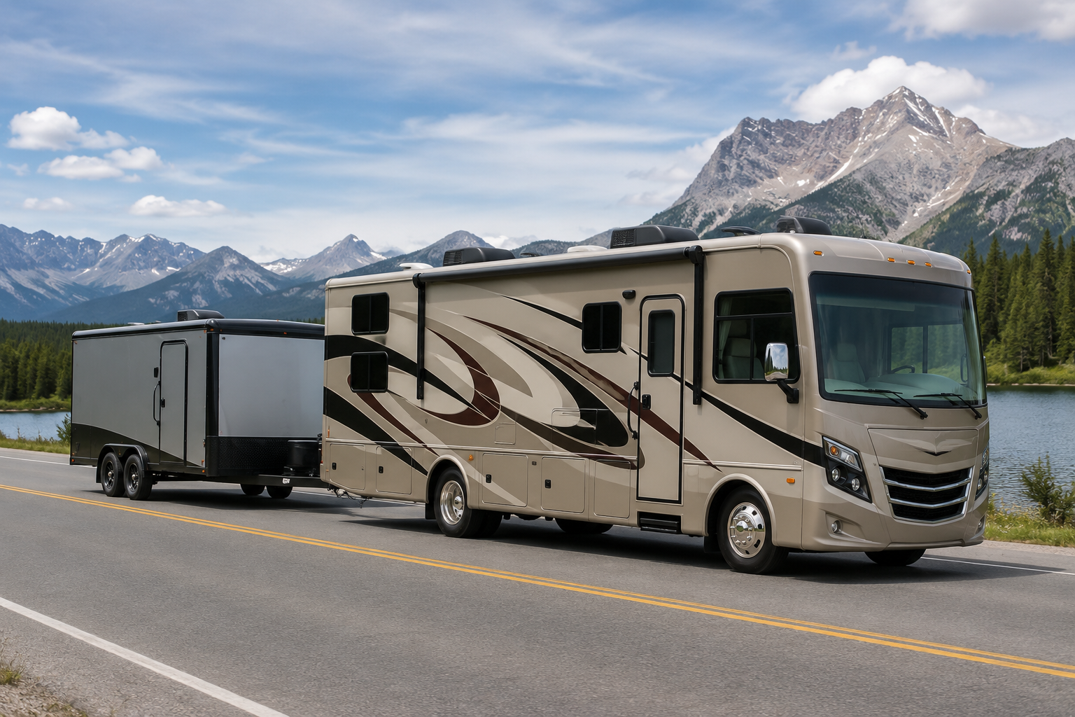 A beige and black recreational vehicle (RV) towing a gray trailer parked on a road near a lake, with snow-capped mountains and a green forest in the background under a partly cloudy sky.