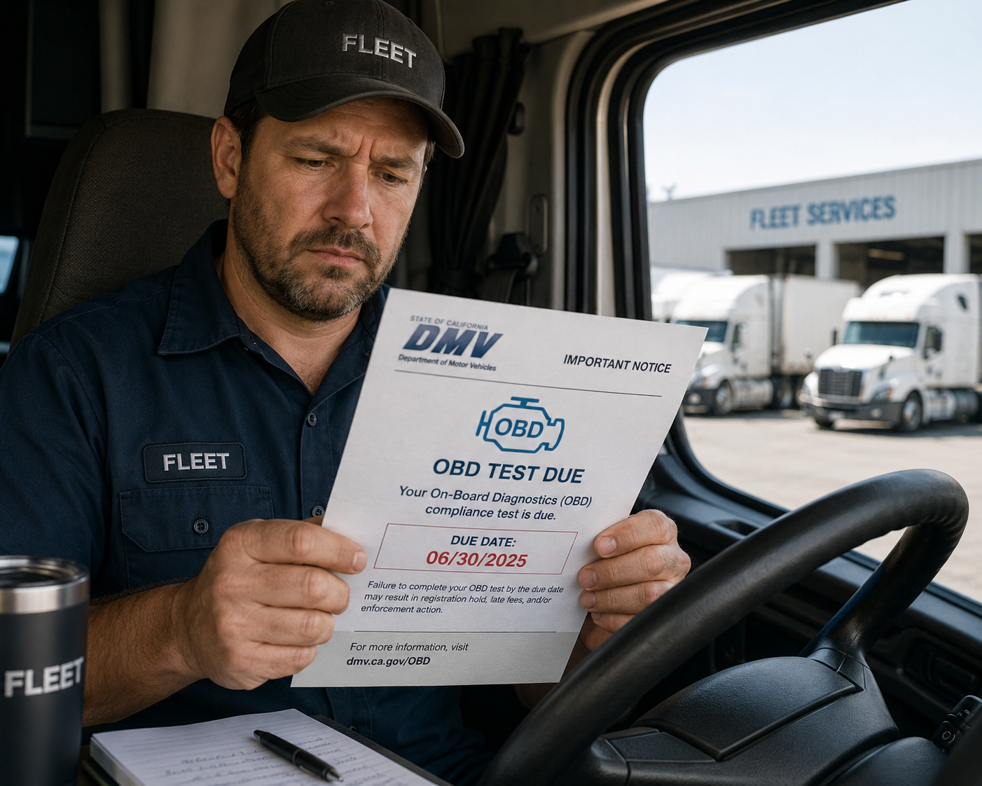 A fleet truck driver holding a DMV notice showing OBD Test is Due