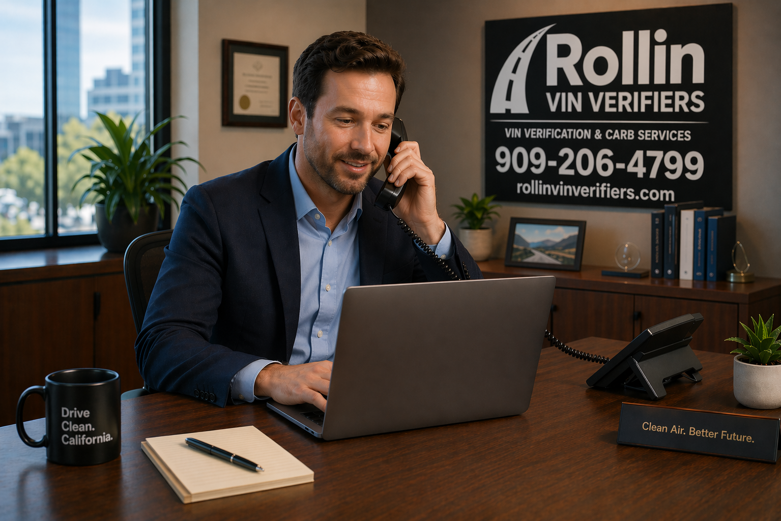 Professional man in office speaking on the phone while working on a laptop, with a VIN verification sign visible in the background.
