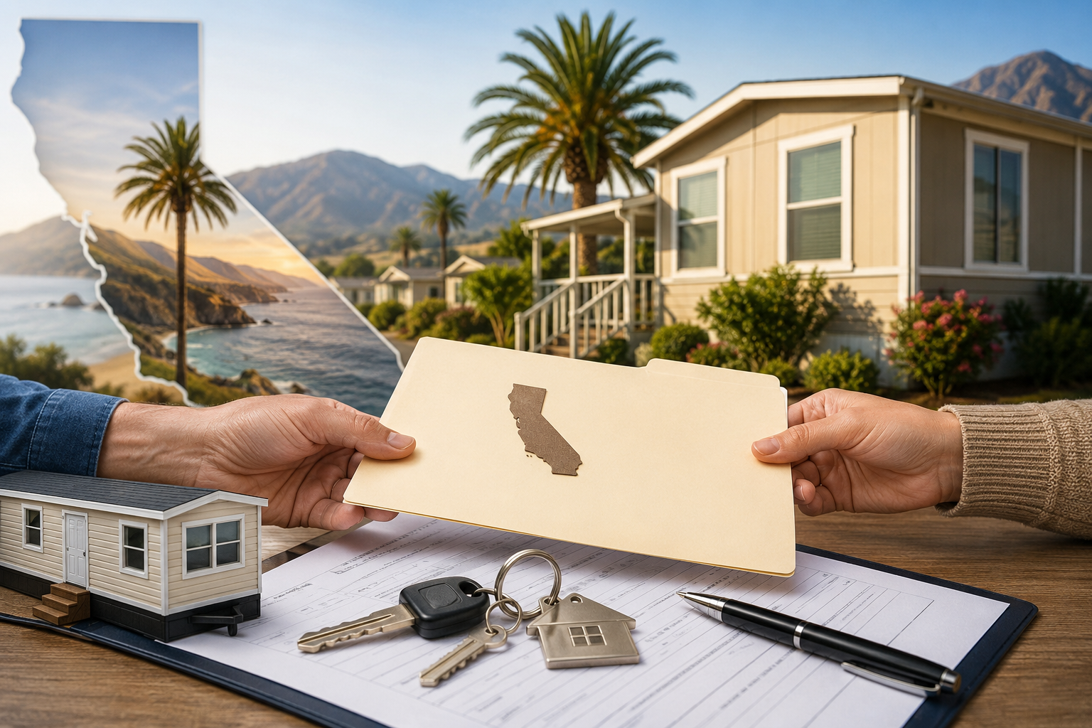 California mobilehome title transfer paperwork being reviewed by a professional with manufactured home title documents on a desk.
