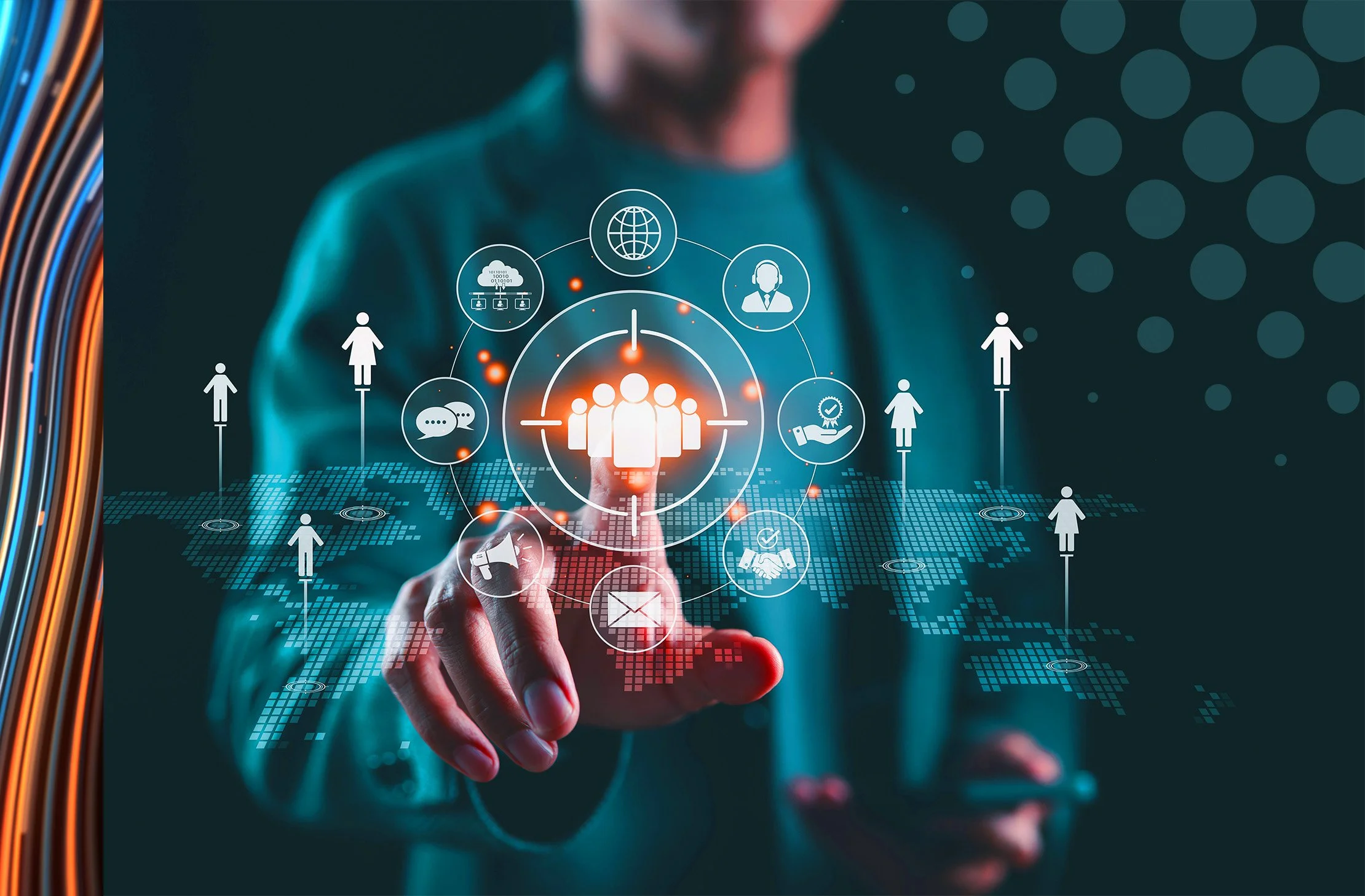 A person in a teal shirt touches a digital interface with icons representing communication, data, internet, global connection, and teamwork, on a dark background with a dotted pattern.