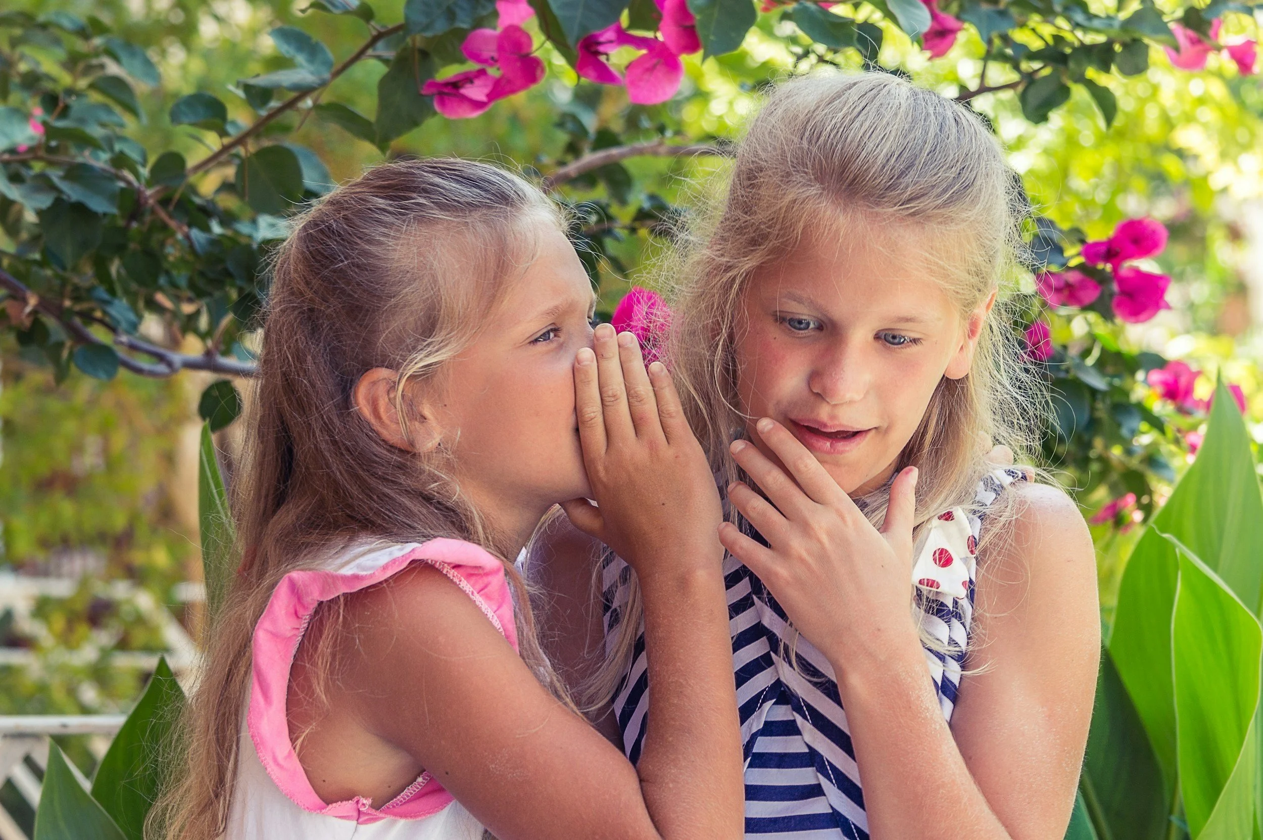 Two young girls sharing a secret outdoors with pink flowers and green foliage in the background.