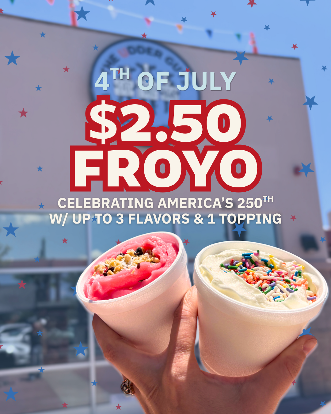 An advertisement celebrating the Fourth of July with a special offer on Froyo, priced at $2.50 each, with up to three flavors and one topping. The image features two cups of colorful frozen yogurt with sprinkles, held up against an outdoor background with patriotic decorations and stars.