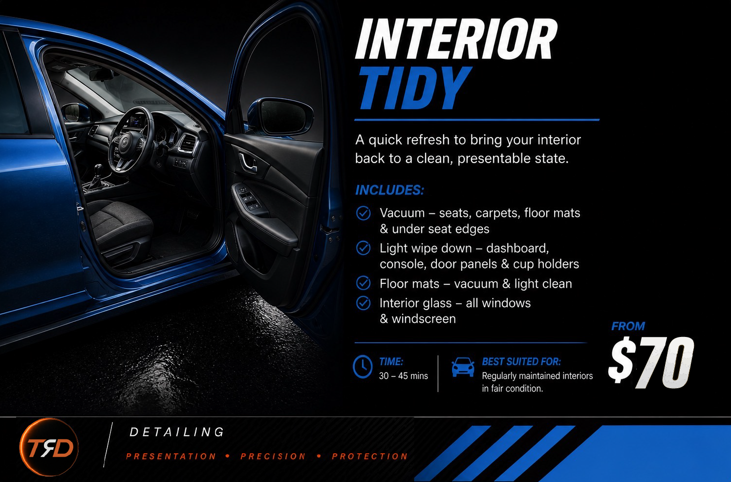 An infographic advertising a vehicle interior cleaning service. It shows a blue car with the driver's door open, revealing a clean interior. The text highlights the service's features including vacuuming seats, carpets, and under seats; light wiping of the dashboard, console, door panels, and cup holders; cleaning floor mats and interior glass. It mentions a duration of 30-45 minutes, a starting price of $70, and notes that the service is best suited for regularly maintained interiors in fair condition.