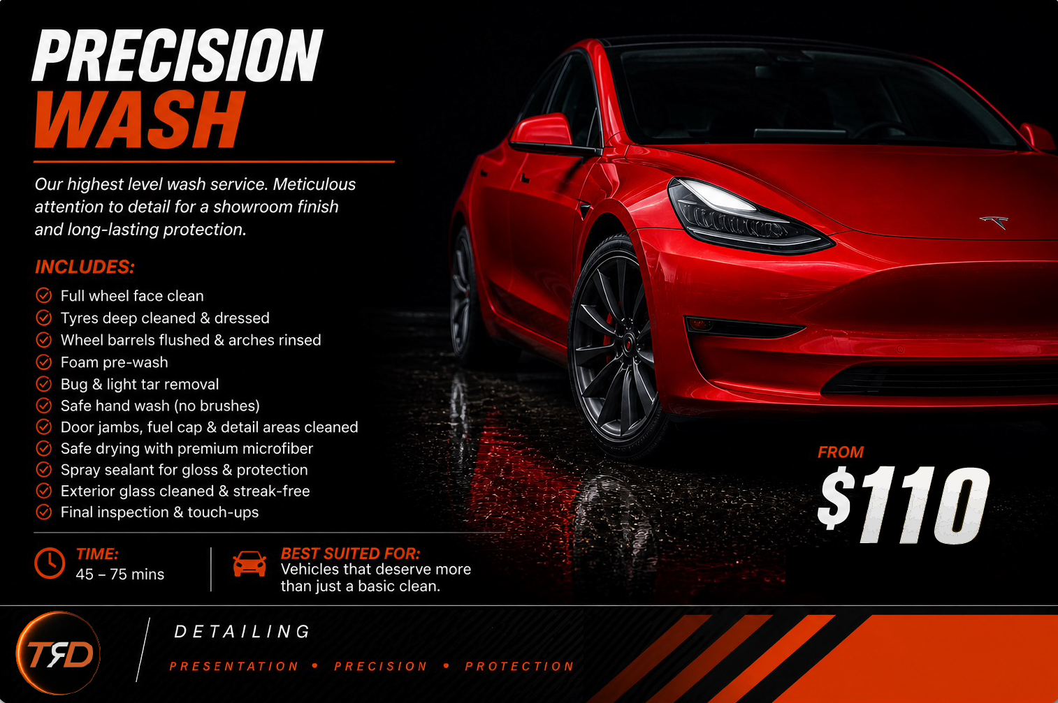 Red Tesla car in a professional car wash service with detailing menu listing services like wheel clean, tire dressing, wheel arch cleaning, touch-ups, and protection, with price starting at $110.