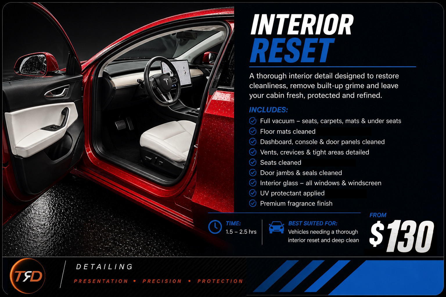 Red car with open driver door showing a black and white interior, including a steering wheel, dashboard, and white seats. Text overlay advertises a car interior detailing service.