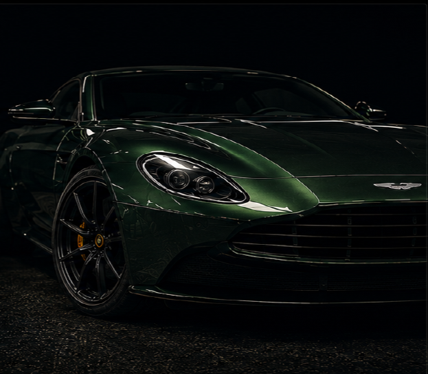 Green sports car with sleek design, black wheels, and prominent front grille, set against a dark background.